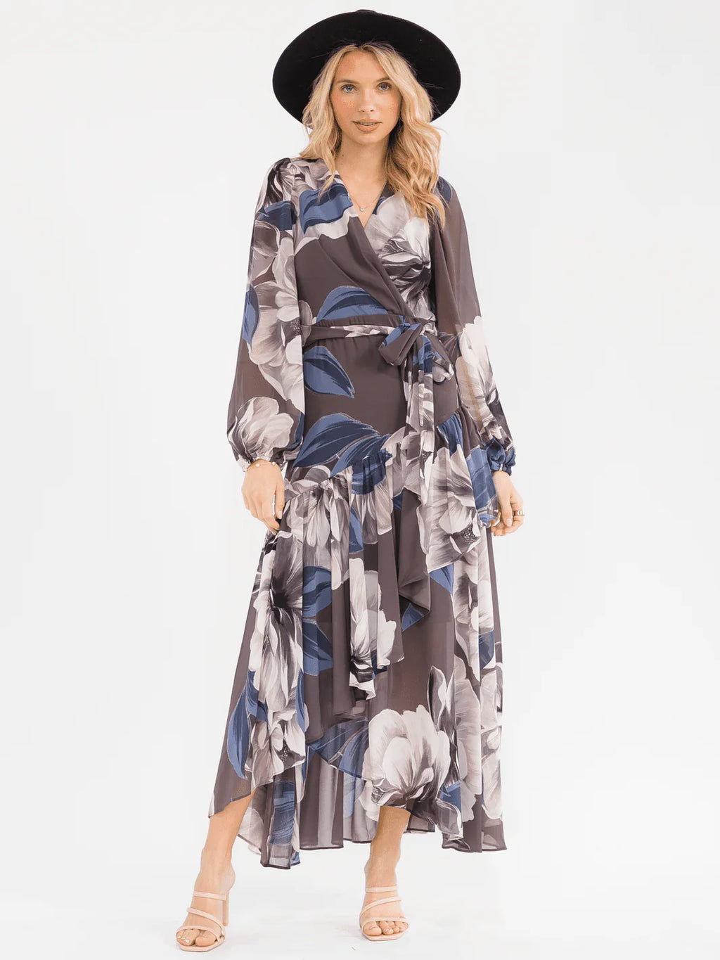 WOMEN'S LONG BELL SLEEVE SELF TIE HIGH-LOW FLORAL WRAP MAXI DRESS