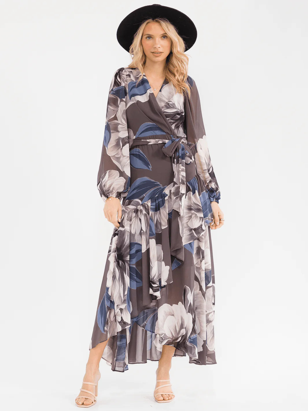 WOMEN'S LONG BELL SLEEVE SELF TIE HIGH-LOW FLORAL WRAP MAXI DRESS