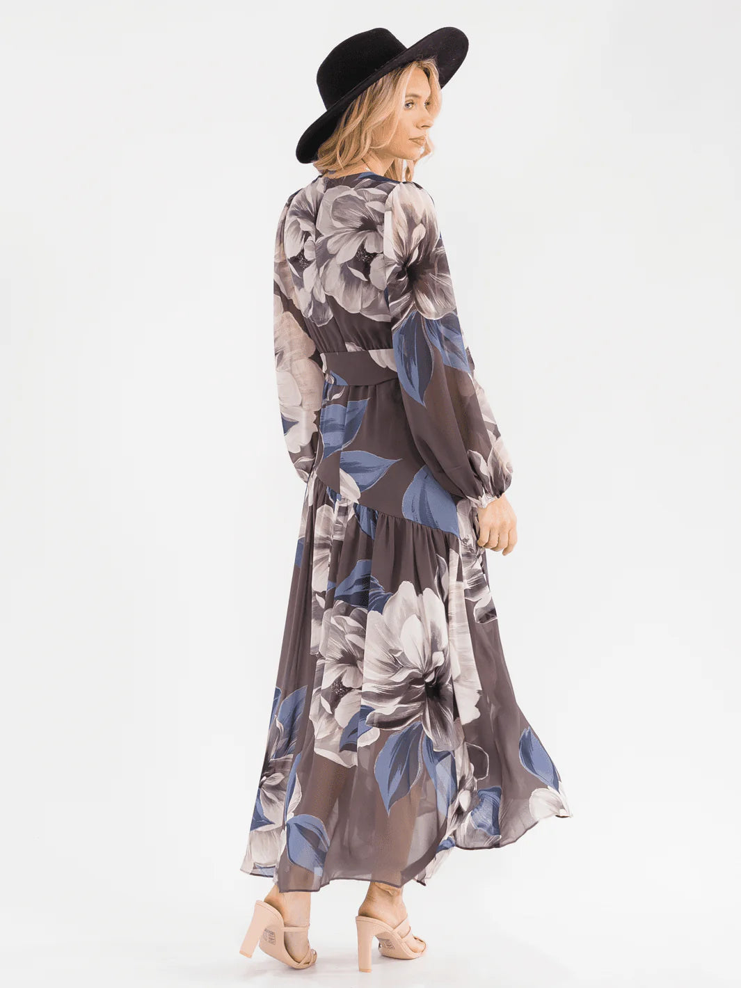 WOMEN'S LONG BELL SLEEVE SELF TIE HIGH-LOW FLORAL WRAP MAXI DRESS
