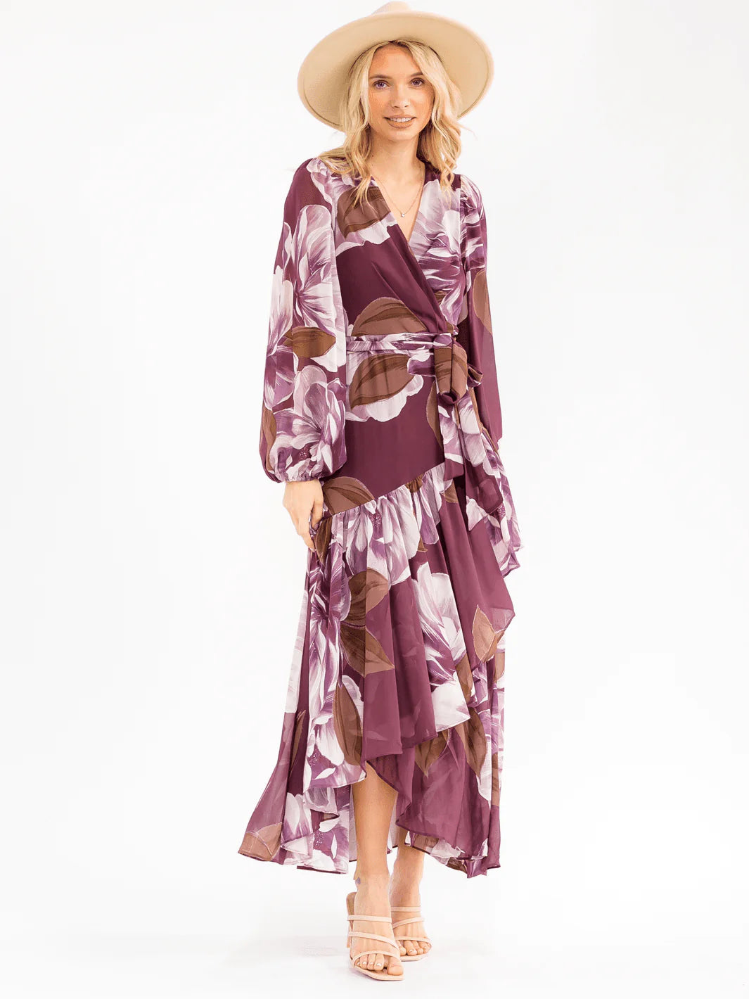 WOMEN'S LONG BELL SLEEVE SELF TIE HIGH-LOW FLORAL WRAP MAXI DRESS