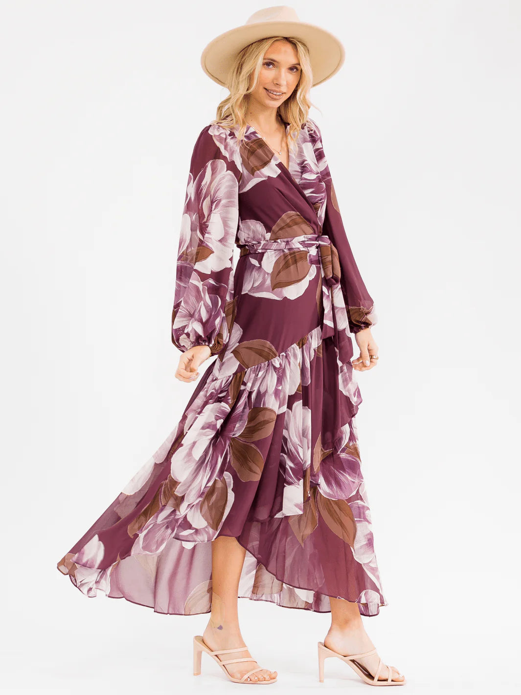 WOMEN'S LONG BELL SLEEVE SELF TIE HIGH-LOW FLORAL WRAP MAXI DRESS