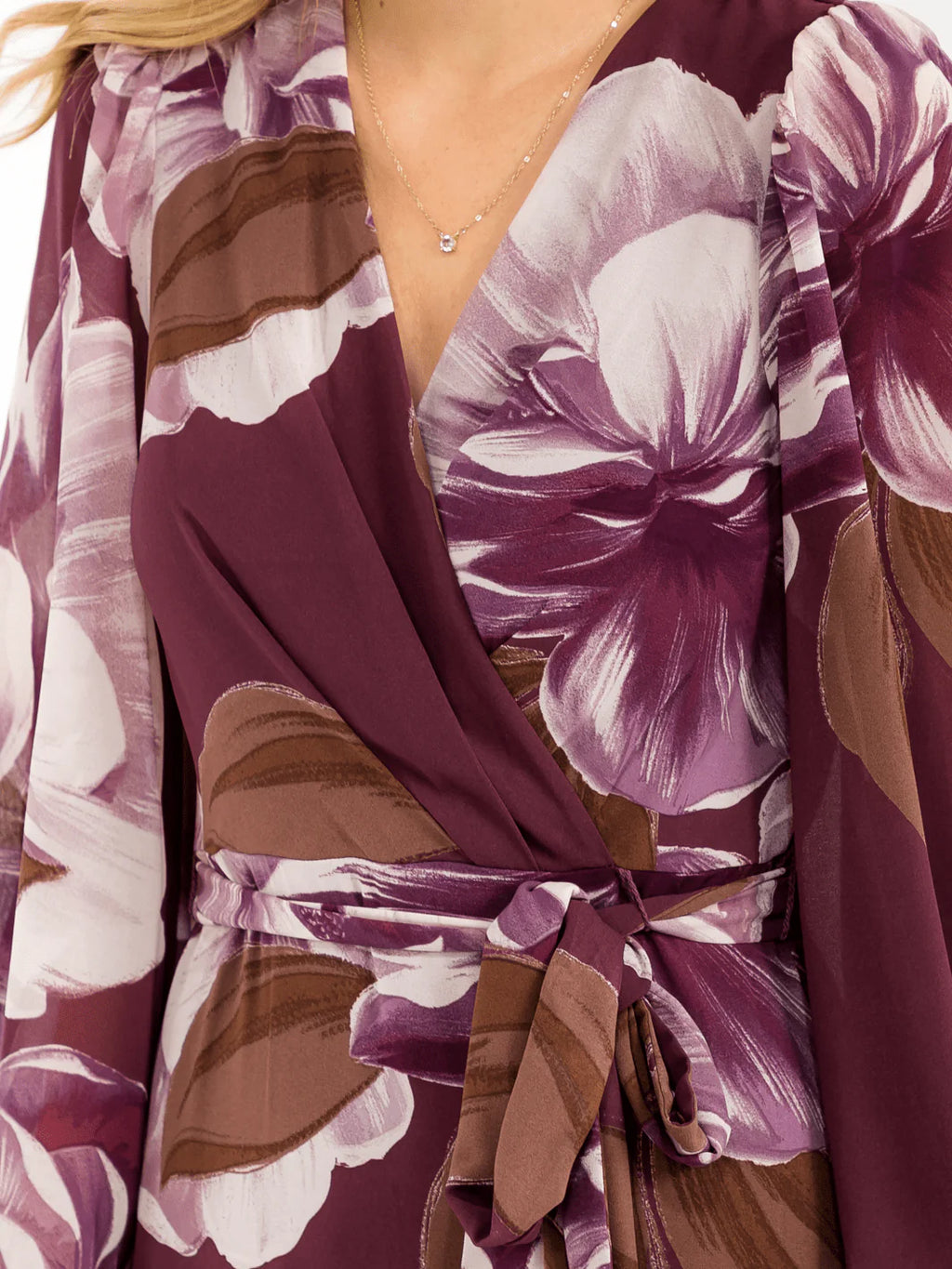 WOMEN'S LONG BELL SLEEVE SELF TIE HIGH-LOW FLORAL WRAP MAXI DRESS