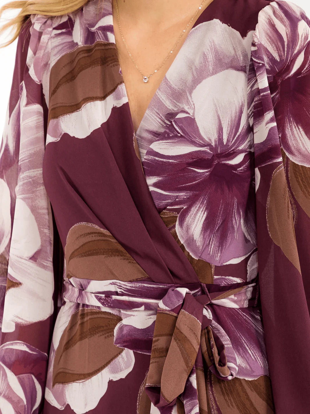 WOMEN'S LONG BELL SLEEVE SELF TIE HIGH-LOW FLORAL WRAP MAXI DRESS