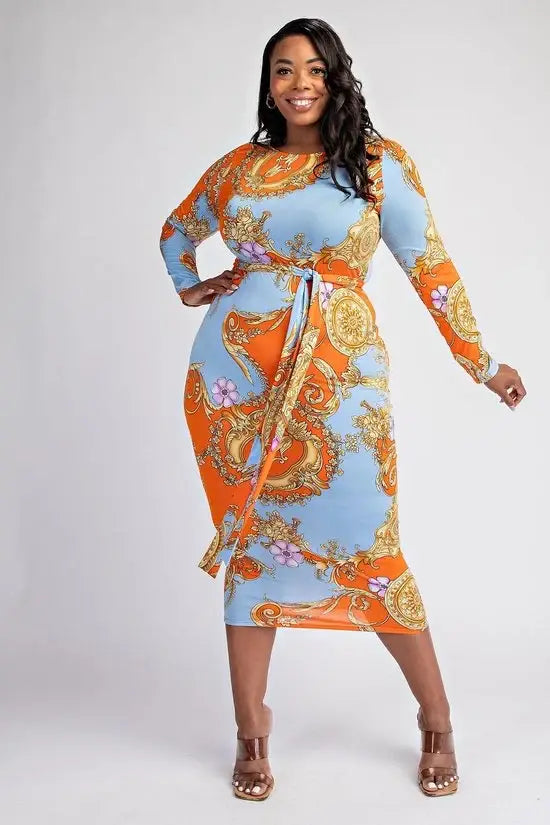 PLUS SIZE PRT KNIT LONG SLEEVE MIDI DRESS WITH SELF-TIE BEL