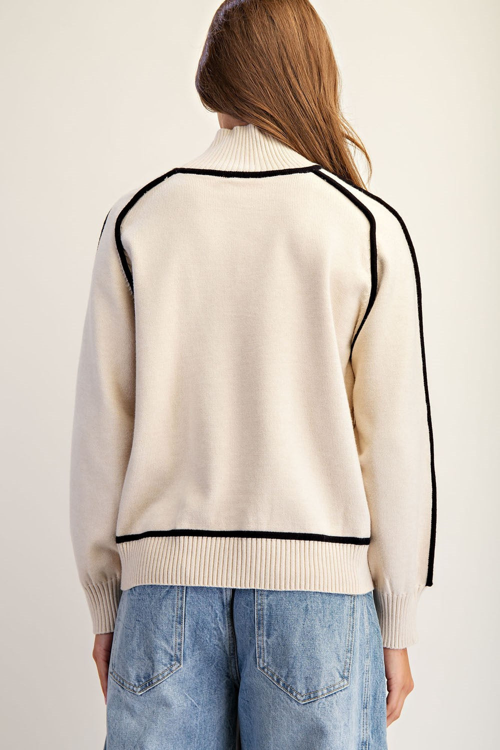 Pipe Contrasting Mock Neck Long Sleeve Sweater