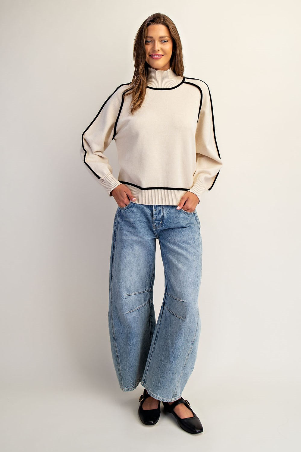 Pipe Contrasting Mock Neck Long Sleeve Sweater