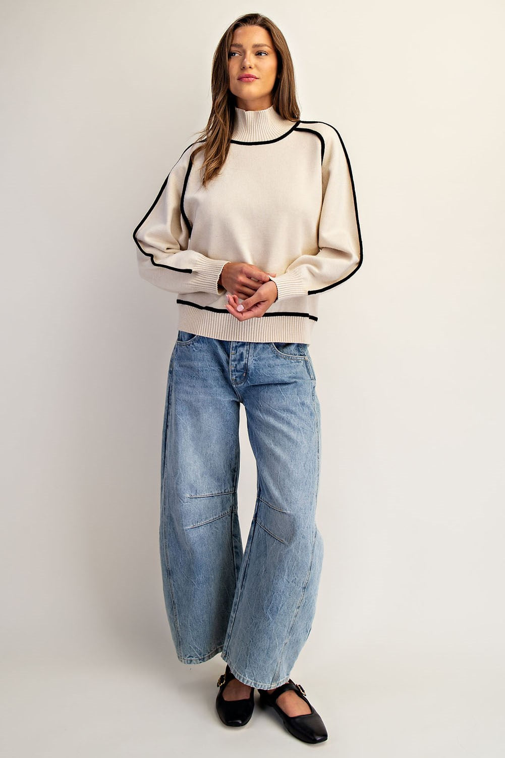 Pipe Contrasting Mock Neck Long Sleeve Sweater