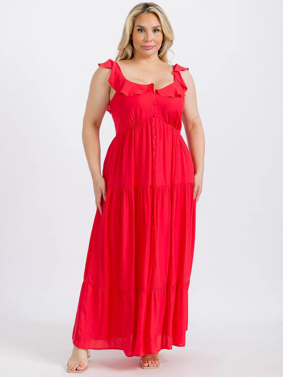 PLUS SIZE SLEEVELESS BUTTONS TIERED RUFFLE MAXI DRESS
