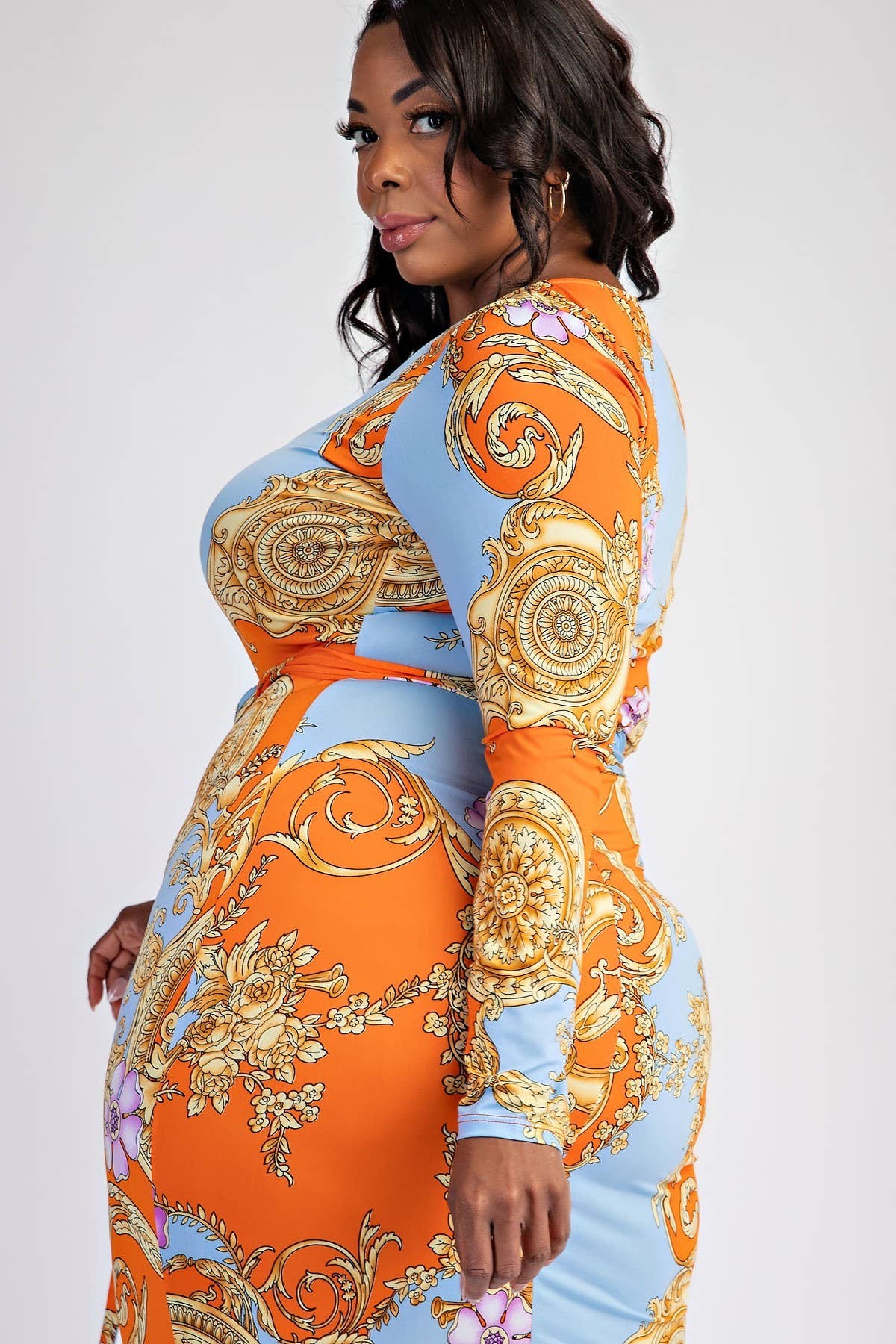 PLUS SIZE PRT KNIT LONG SLEEVE MIDI DRESS WITH SELF-TIE BEL